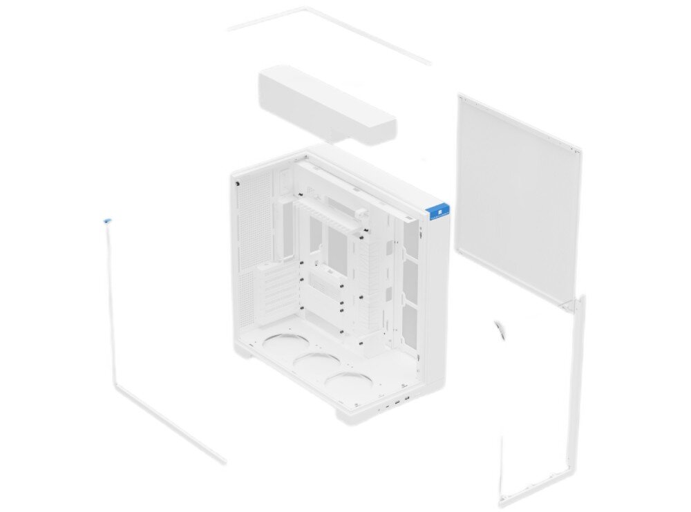 Obudowa THERMALRIGHT A70 rozłożona na części obudowa komputerowa z uniesionymi i odsuniętymi od pustego szkieletu szklanymi panelami oraz metalowym panelem bocznym z siatką
