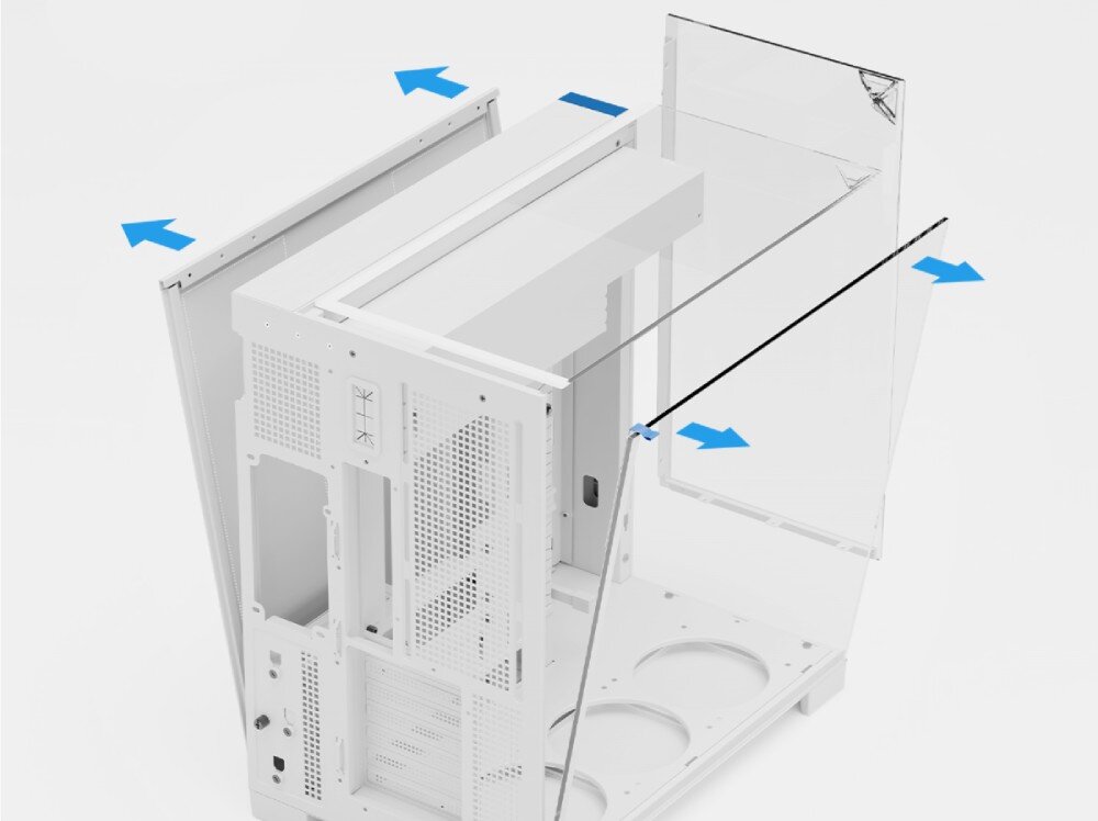 Obudowa THERMALRIGHT A70 schemat demontażu obudowy komputerowej, na którym żółte strzałki wskazują kierunek odsuwania szklanych paneli na zewnątrz od pustego metalowego szkieletu