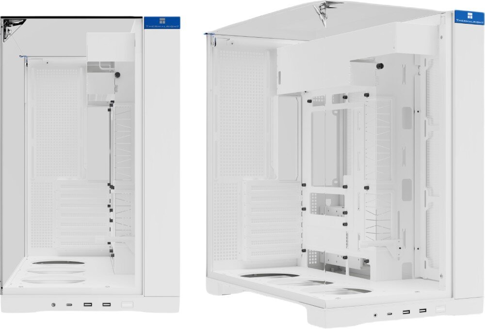 Obudowa THERMALRIGHT A70 dwie puste obudowy komputerowe ze szklanymi osłonami zestawione obok siebie, lewa pokazana centralnie od frontu, a prawa pod kątem, ukazujące układ wnętrza