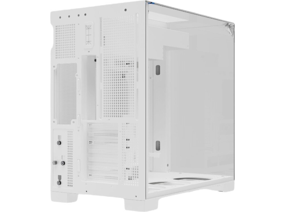 Obudowa THERMALRIGHT A70 tył pustej obudowy komputerowej z widocznymi kratkami wentylacyjnymi, śledziami na karty rozszerzeń, otworem na porty płyty głównej i miejscem na montaż zasilacza w lewym dolnym rogu