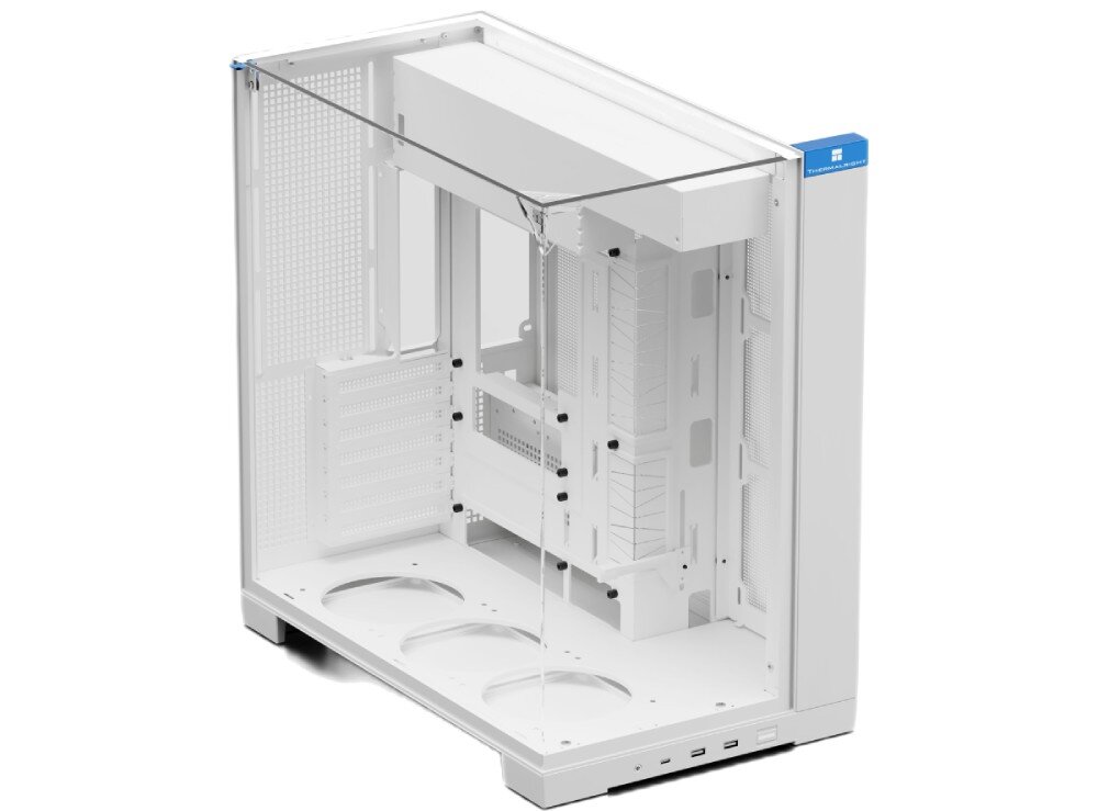 Obudowa THERMALRIGHT A70 pusta obudowa komputerowa widziana pod kątem z góry, pokazująca przezroczyste szklane ściany bez łączących słupków oraz wnętrze z trzema okrągłymi wycięciami na wentylatory na dole