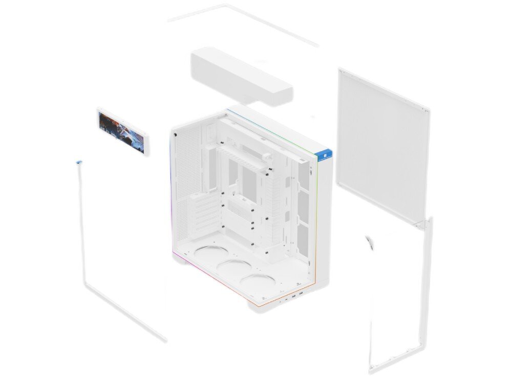 Obudowa THERMALRIGHT A70 Vision ARGB schemat budowy obudowy komputerowej, pokazujący oddzielone od ramy elementy takie jak szklane panele, siatki wentylacyjne, blok z wentylatorami i prostokątny ekran