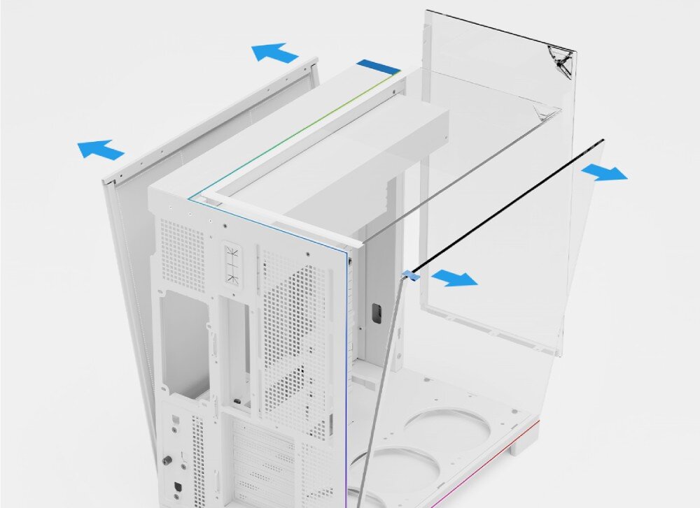 Obudowa THERMALRIGHT A70 Vision ARGB obudowa komputerowa, od której odsuwane są szklane panele górny, przedni i boczny, co zaznaczono pomarańczowymi strzałkami kierunkowymi