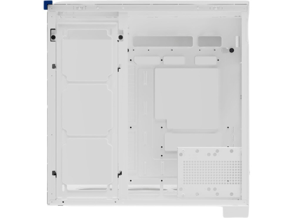 Obudowa THERMALRIGHT A70 Vision ARGB widok z boku na puste wnętrze obudowy komputerowej z miejscem na płytę główną, otworami na kable, podświetlanymi wentylatorami na dole oraz wąskim ekranem na górze wyświetlającym jesienny liść