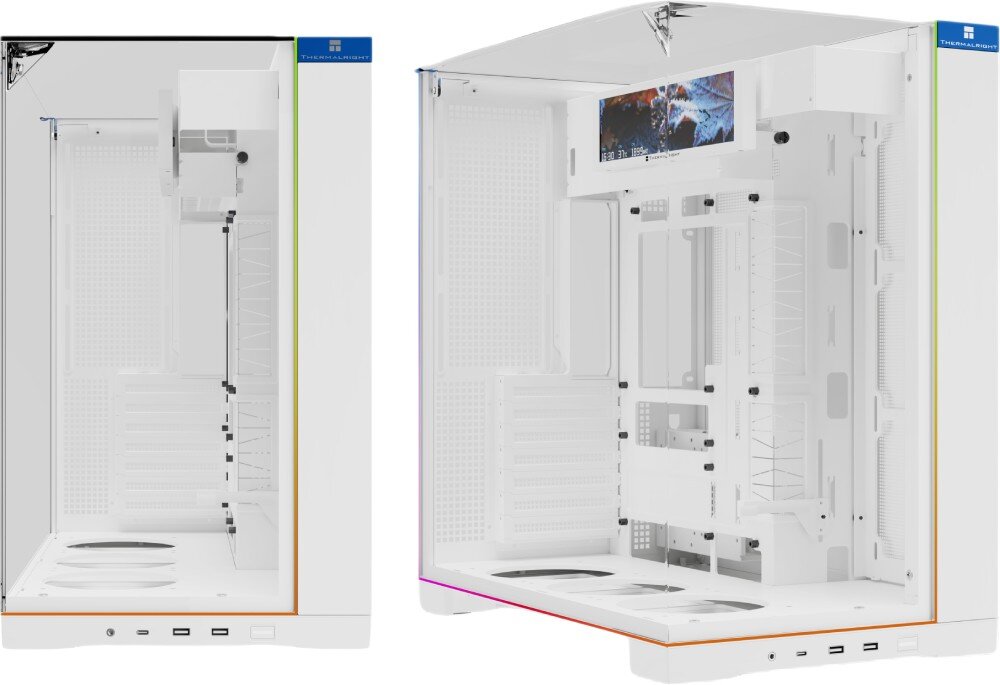 Obudowa THERMALRIGHT A70 Vision ARGB puste wnętrze obudowy komputerowej pokazane z dwóch perspektyw, z widocznym frontem z dwoma wentylatorami oraz z boku przez szklany panel z wentylatorami na dole i ekranem u góry