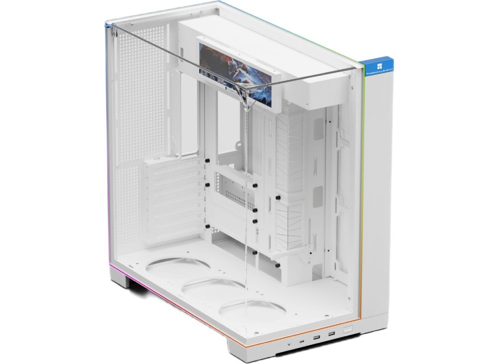 Obudowa THERMALRIGHT A70 Vision ARGB zbliżenie na trzy wentylatory chłodzące zamontowane na dolnej płycie wewnątrz obudowy komputerowej, ozdobione na krawędziach paskami z kolorowym podświetleniem