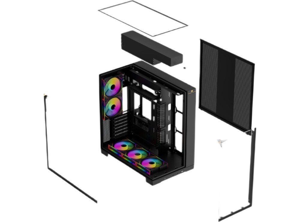 Obudowa THERMALRIGHT A70 Fan rozłożona na części czarna obudowa komputerowa z uniesionymi i odsuniętymi od pustego szkieletu szklanymi panelami oraz metalowym panelem bocznym z siatką