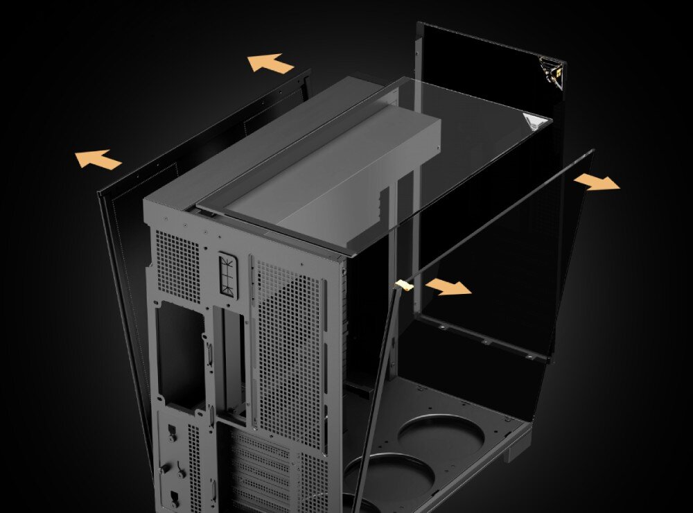 Obudowa THERMALRIGHT A70 Fan schemat demontażu czarnej obudowy komputerowej, na którym żółte strzałki wskazują kierunek odsuwania szklanych paneli na zewnątrz od pustego metalowego szkieletu