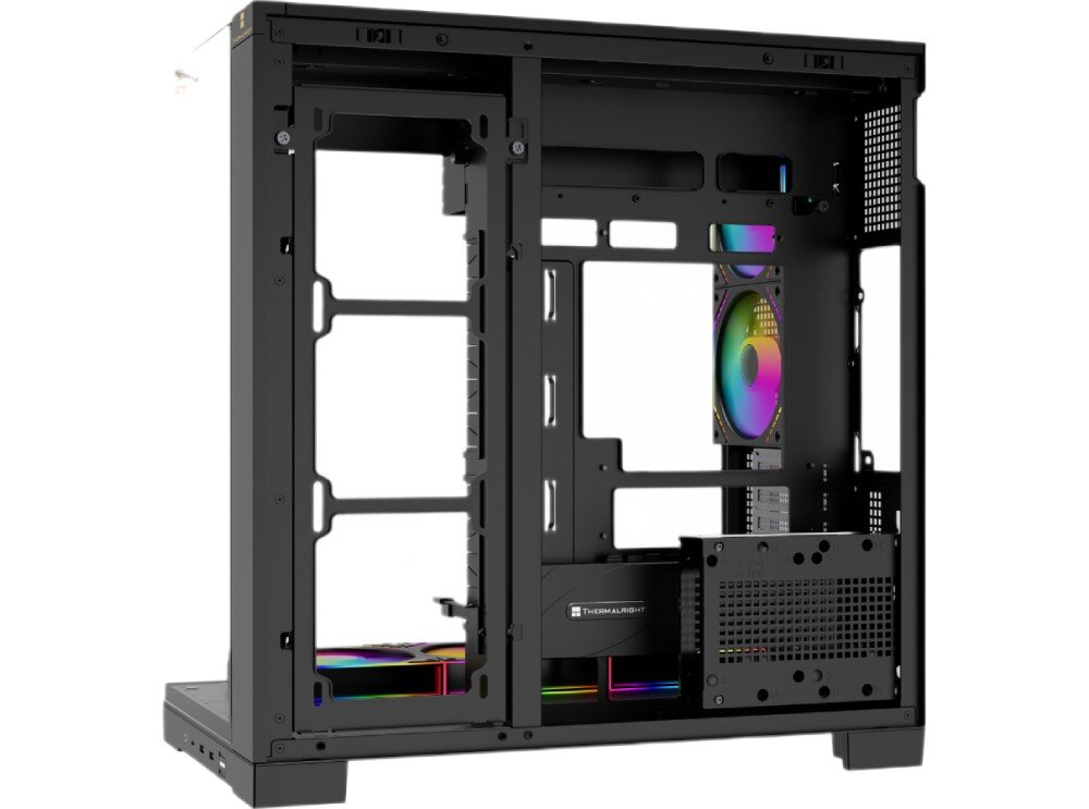 Obudowa THERMALRIGHT A70 Fan metalowy stelaż pustej obudowy komputerowej widziany od tyłu i prawej strony, pozbawiony zewnętrznych paneli ochronnych, pokazujący wycięcia montażowe i przepusty na kable