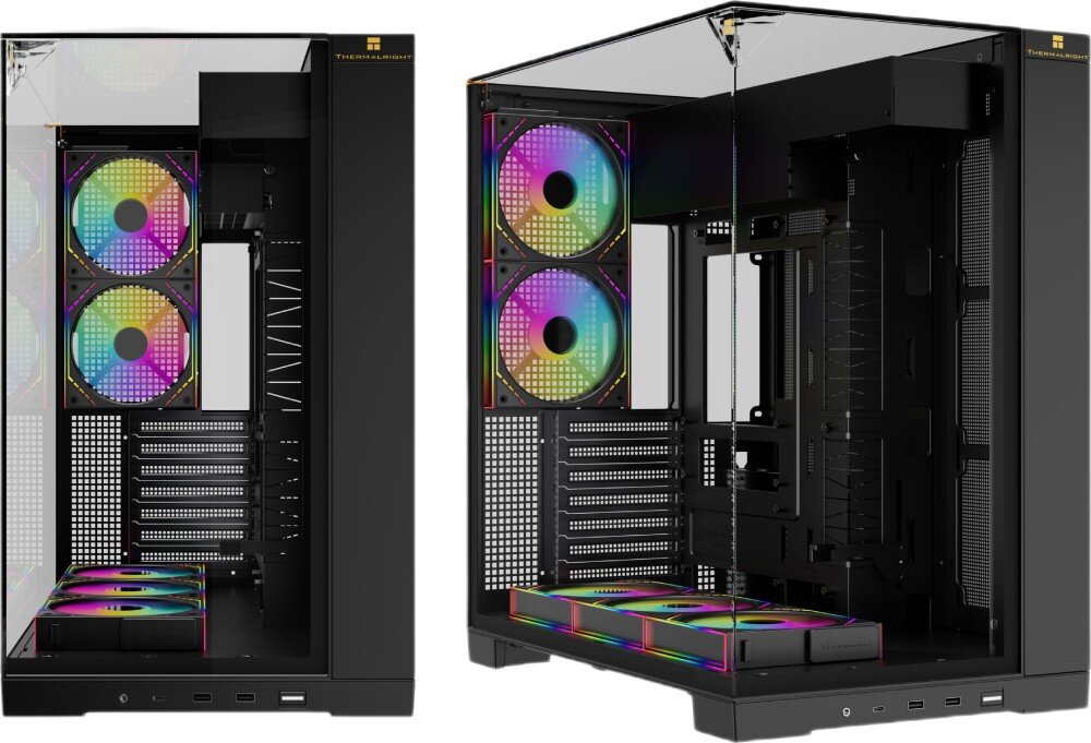 Obudowa THERMALRIGHT A70 Fan dwie puste czarne obudowy komputerowe ze szklanymi osłonami zestawione obok siebie, lewa pokazana centralnie od frontu, a prawa pod kątem, ukazujące układ wnętrza