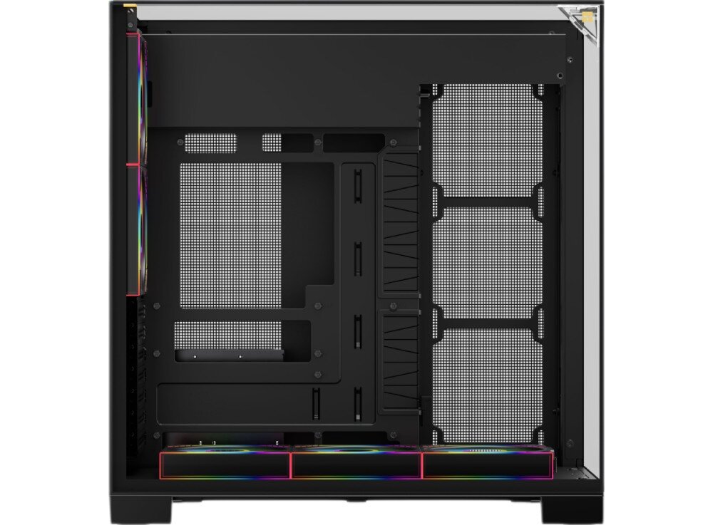 Obudowa THERMALRIGHT A70 Fan tył pustej czarnej obudowy komputerowej z widocznymi kratkami wentylacyjnymi, śledziami na karty rozszerzeń, otworem na porty płyty głównej i miejscem na montaż zasilacza w lewym dolnym rogu