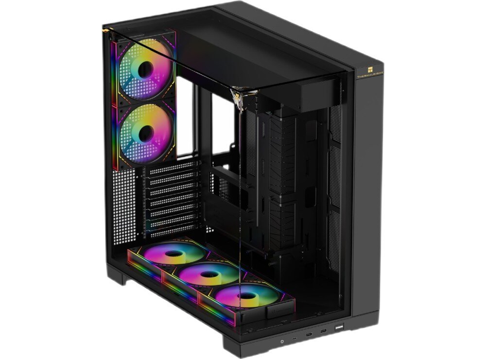 Obudowa THERMALRIGHT A70 Fan pusta czarna obudowa komputerowa widziana pod kątem z góry, pokazująca przezroczyste szklane ściany bez łączących słupków oraz wnętrze z trzema okrągłymi wycięciami na wentylatory na dole