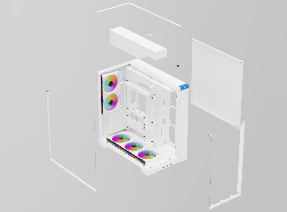 Obudowa THERMALRIGHT A70 Fan rozłożona na części obudowa komputerowa z uniesionymi i odsuniętymi od pustego szkieletu szklanymi panelami oraz metalowym panelem bocznym z siatką