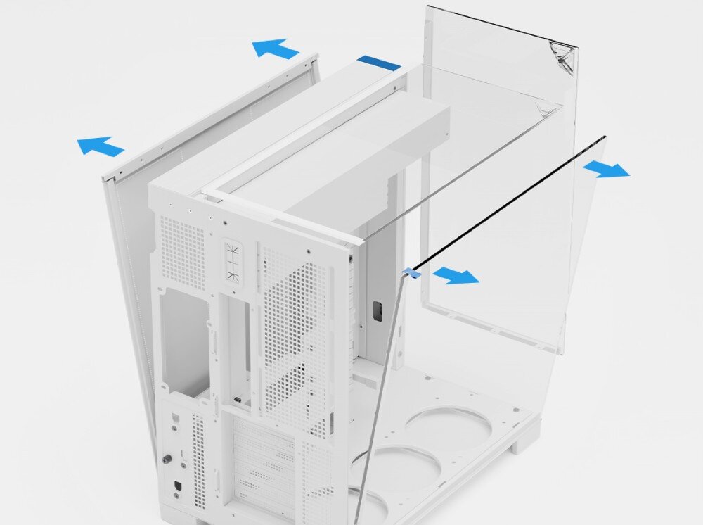 Obudowa THERMALRIGHT A70 Fan schemat demontażu obudowy komputerowej, na którym żółte strzałki wskazują kierunek odsuwania szklanych paneli na zewnątrz od pustego metalowego szkieletu