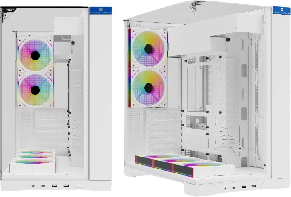 Obudowa THERMALRIGHT A70 Fan dwie puste obudowy komputerowe ze szklanymi osłonami zestawione obok siebie, lewa pokazana centralnie od frontu, a prawa pod kątem, ukazujące układ wnętrza