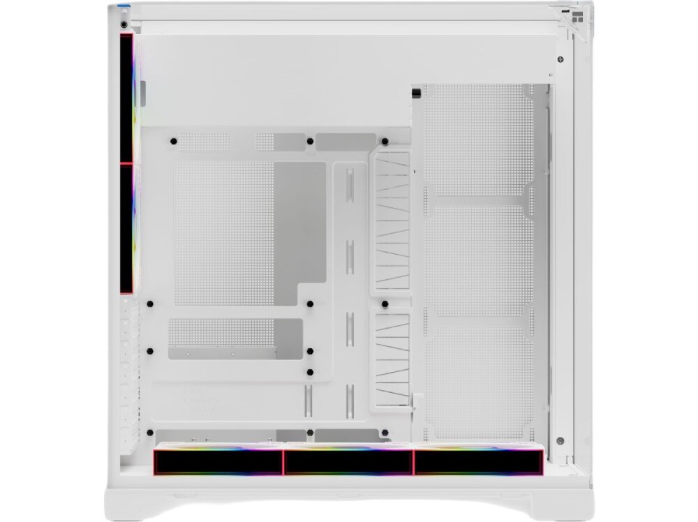 Obudowa THERMALRIGHT A70 Fan tył pustej obudowy komputerowej z widocznymi kratkami wentylacyjnymi, śledziami na karty rozszerzeń, otworem na porty płyty głównej i miejscem na montaż zasilacza w lewym dolnym rogu