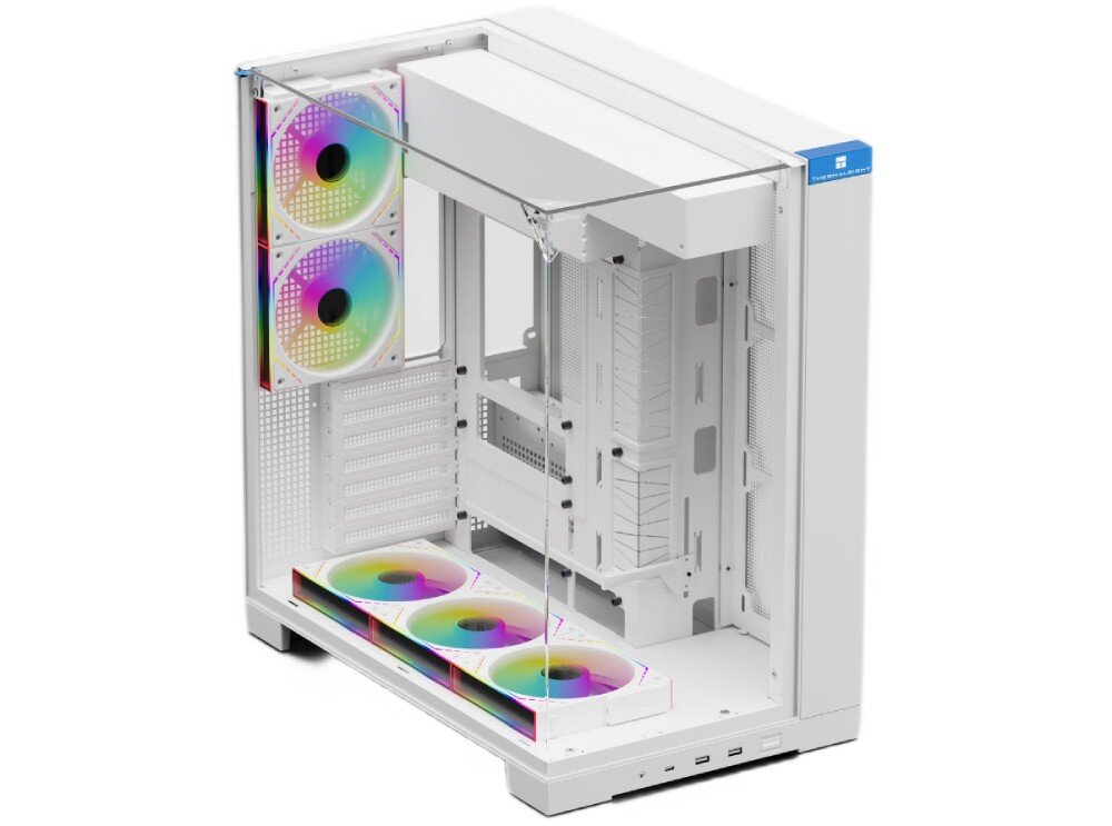 Obudowa THERMALRIGHT A70 Fan pusta obudowa komputerowa widziana pod kątem z góry, pokazująca przezroczyste szklane ściany bez łączących słupków oraz wnętrze z trzema okrągłymi wycięciami na wentylatory na dole