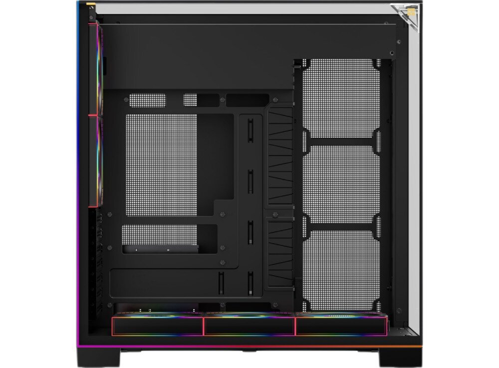Obudowa THERMALRIGHT A70 ARGB Fan Widok z boku na wnętrze pustej czarnej obudowy, widoczna jest tacka płyty głównej z otworami na kable, siatka wentylacyjna po prawej stronie oraz pięć wentylatorów z tęczowym podświetleniem umieszczonych z tyłu i na dole