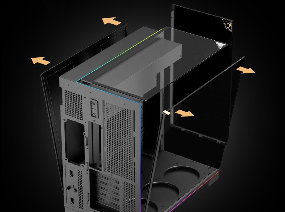 Obudowa THERMALRIGHT A70 ARGB Fan Schemat pustej obudowy z żółtymi strzałkami pokazującymi kierunek demontażu paneli, górna, przednia i boczna szyba oraz prawy metalowy bok są w trakcie odsuwania od głównego szkieletu