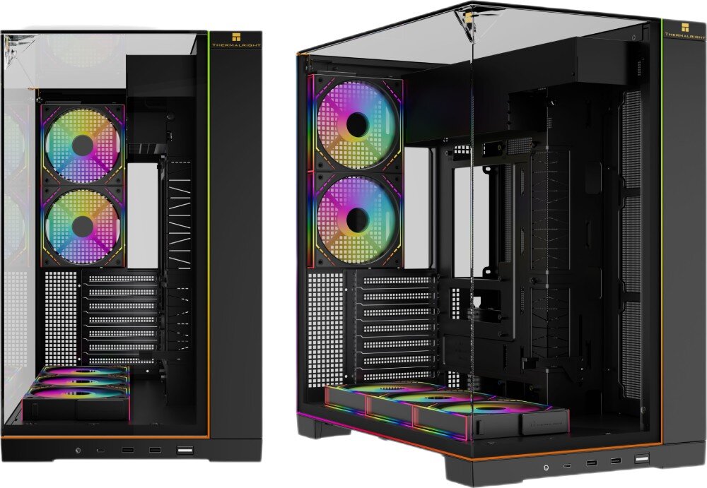 Obudowa THERMALRIGHT A70 ARGB Fan Zestawienie dwóch ujęć pustej czarnej obudowy z wentylatorami o tęczowym podświetleniu, po lewej stronie płaski widok na front i lewy bok, a po prawej ujęcie pod kątem eksponujące brak pionowych słupków na łączeniach szyb