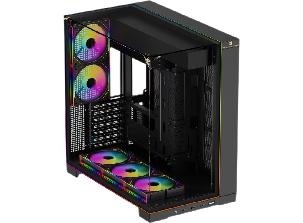 Obudowa THERMALRIGHT A70 ARGB Fan Pusta czarna obudowa ze szklanymi panelami widziana z góry pod kątem, wewnątrz widoczne jest miejsce na płytę główną i pięć tęczowo podświetlanych wentylatorów, a na przedniej dolnej krawędzi znajduje się panel z portami