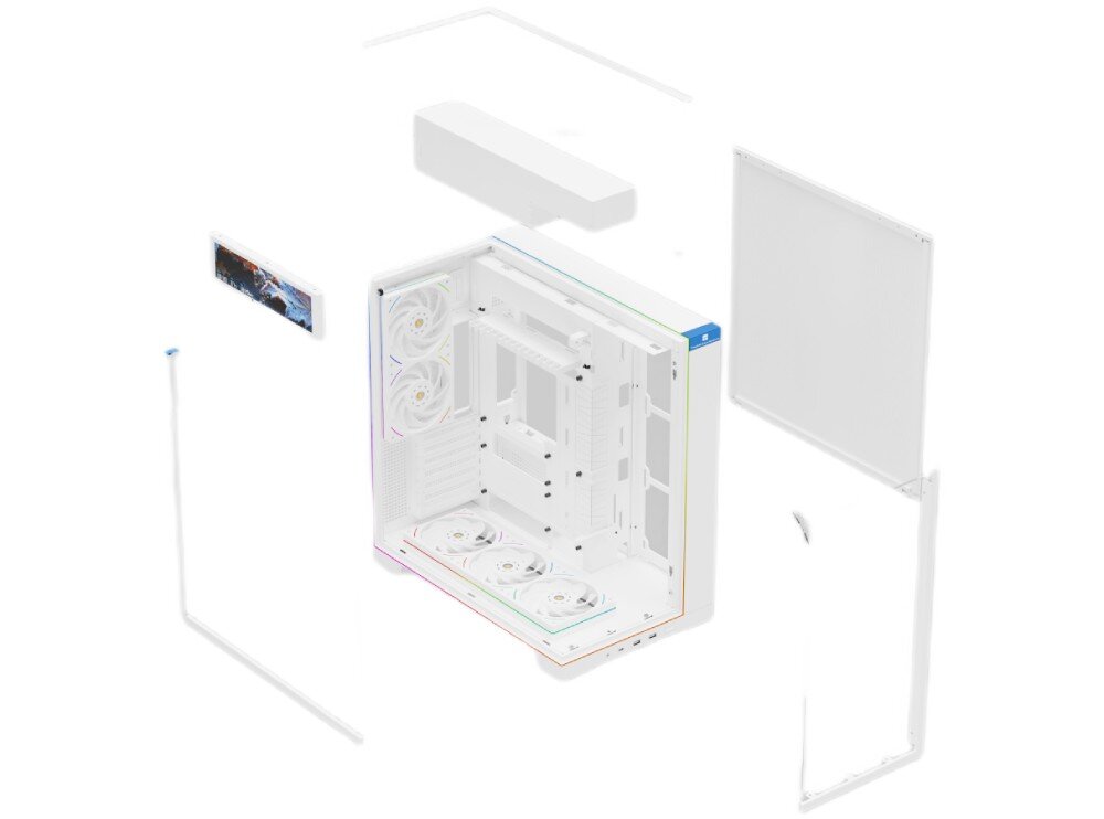 Obudowa THERMALRIGHT A70 Vision ARGB Fan schemat budowy obudowy komputerowej, pokazujący oddzielone od ramy elementy takie jak szklane panele, siatki wentylacyjne, blok z wentylatorami i prostokątny ekran