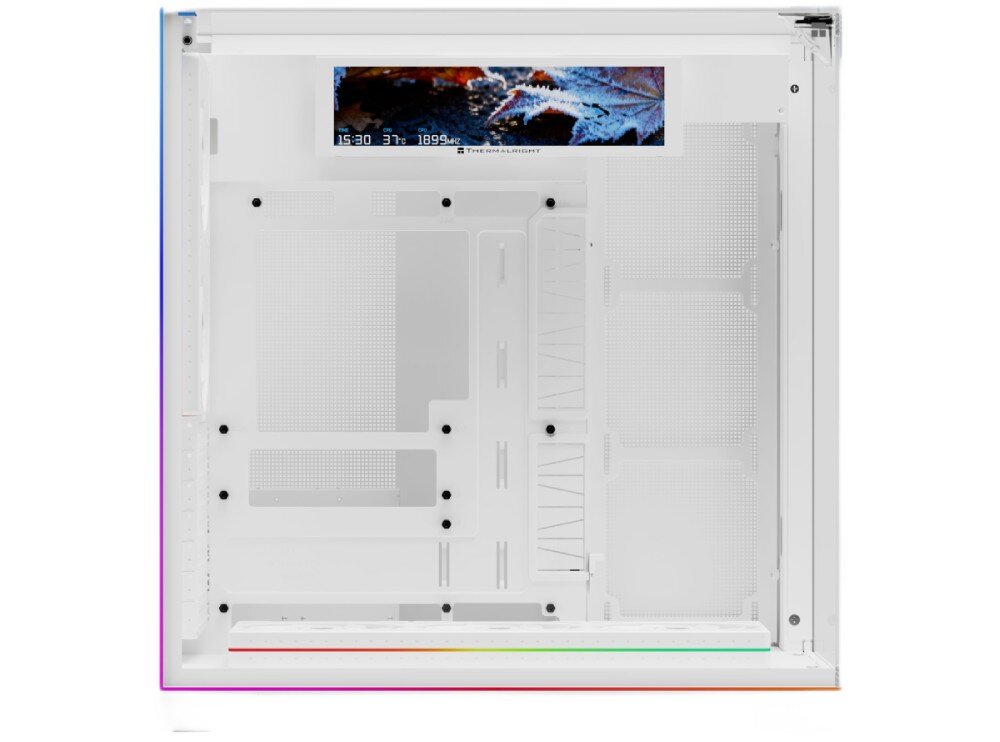 Obudowa THERMALRIGHT A70 Vision ARGB Fan widok z boku na puste wnętrze obudowy komputerowej z miejscem na płytę główną, otworami na kable, podświetlanymi wentylatorami na dole oraz wąskim ekranem na górze wyświetlającym jesienny liść