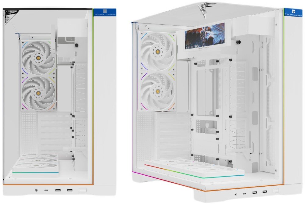 Obudowa THERMALRIGHT A70 Vision ARGB Fan puste wnętrze obudowy komputerowej pokazane z dwóch perspektyw, z widocznym frontem z dwoma wentylatorami oraz z boku przez szklany panel z wentylatorami na dole i ekranem u góry