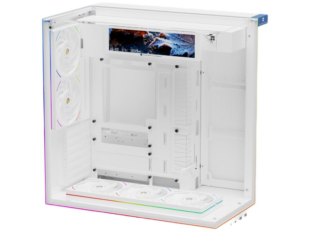 Obudowa THERMALRIGHT A70 Vision ARGB Fan pusta obudowa komputerowa z siatkowym prawym bokiem oraz szklanym frontem i lewym bokiem, wewnątrz widoczne wentylatory i górny ekran wyświetlający jesienny liść