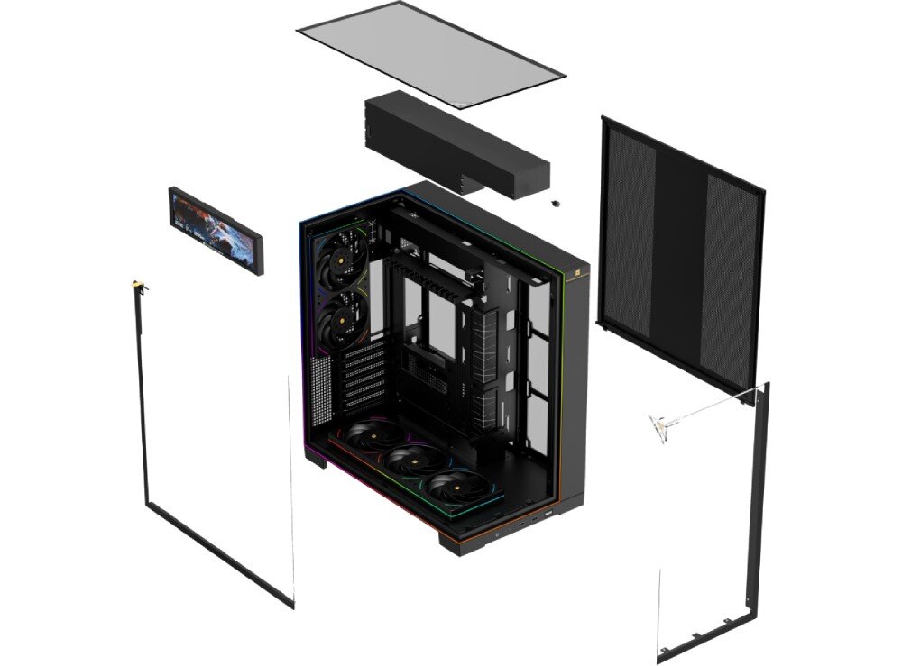 Obudowa THERMALRIGHT A70 Vision ARGB Fan schemat budowy czarnej obudowy komputerowej, pokazujący oddzielone od ramy elementy takie jak szklane panele, siatki wentylacyjne, blok z wentylatorami i prostokątny ekran