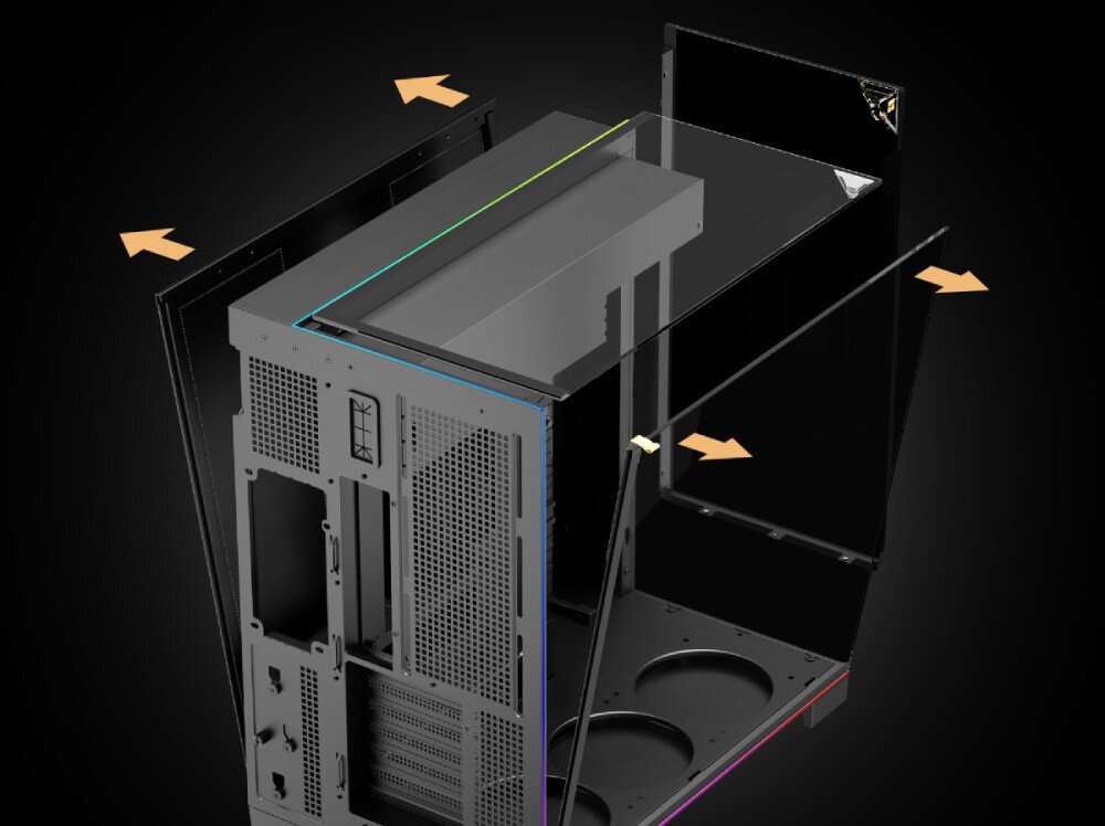 Obudowa THERMALRIGHT A70 Vision ARGB Fan czarna obudowa komputerowa, od której odsuwane są szklane panele górny, przedni i boczny, co zaznaczono pomarańczowymi strzałkami kierunkowymi