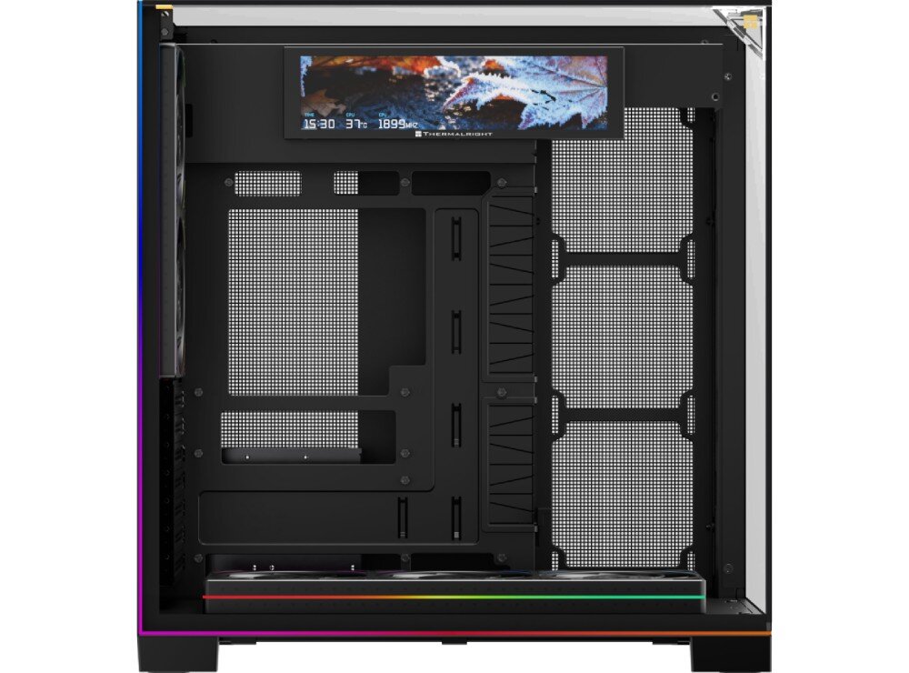 Obudowa THERMALRIGHT A70 Vision ARGB Fan widok z boku na puste wnętrze czarnej obudowy komputerowej z miejscem na płytę główną, otworami na kable, podświetlanymi wentylatorami na dole oraz wąskim ekranem na górze wyświetlającym jesienny liść