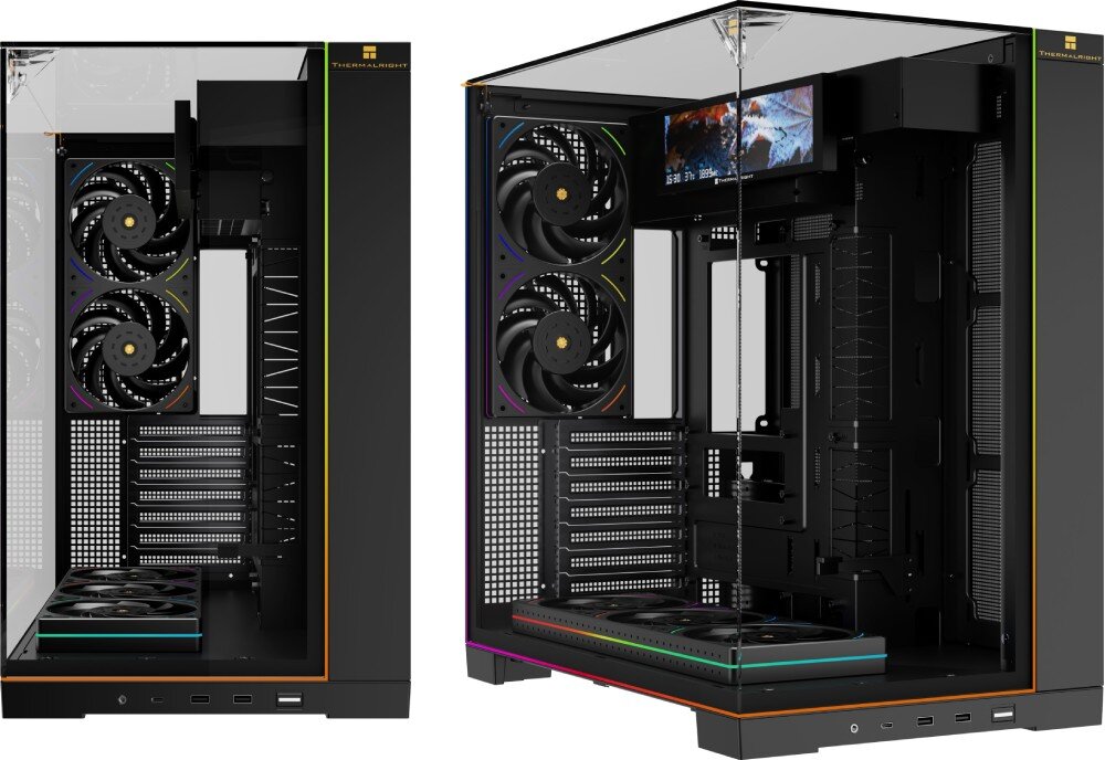 Obudowa THERMALRIGHT A70 Vision ARGB Fan puste wnętrze obudowy komputerowej pokazane z dwóch perspektyw, z widocznym frontem z dwoma wentylatorami oraz z boku przez szklany panel z wentylatorami na dole i ekranem u góry