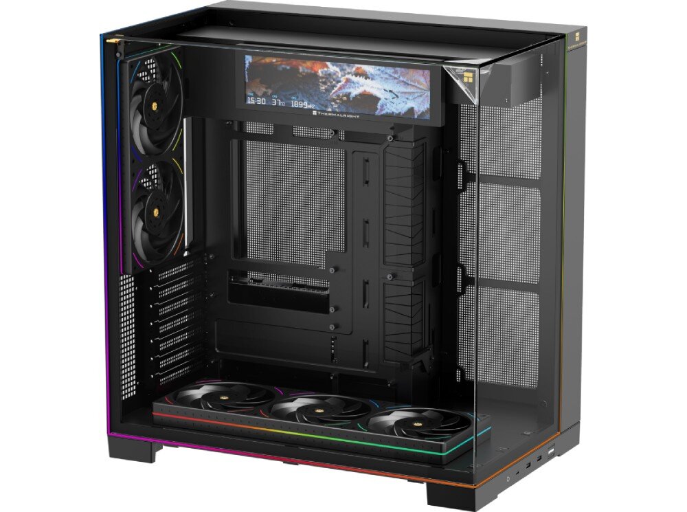 Obudowa THERMALRIGHT A70 Vision ARGB Fan pusta czarna obudowa komputerowa z siatkowym prawym bokiem oraz szklanym frontem i lewym bokiem, wewnątrz widoczne wentylatory i górny ekran wyświetlający jesienny liść