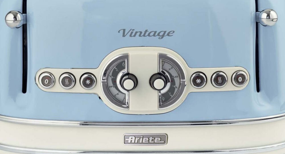 Toster ARIETE 156/05 Vintage toster retro funkcje guziki gałka pokrętło wiele funkcji sześciostopniowa regulacja opiekania dostosowanie stopnia zarumienienia system Self Centering równomiernie wypieczone grzanki funkcja automatycznego wyrzutu grzanek antypoślizgowe nóżki stabilność schowek an kabel