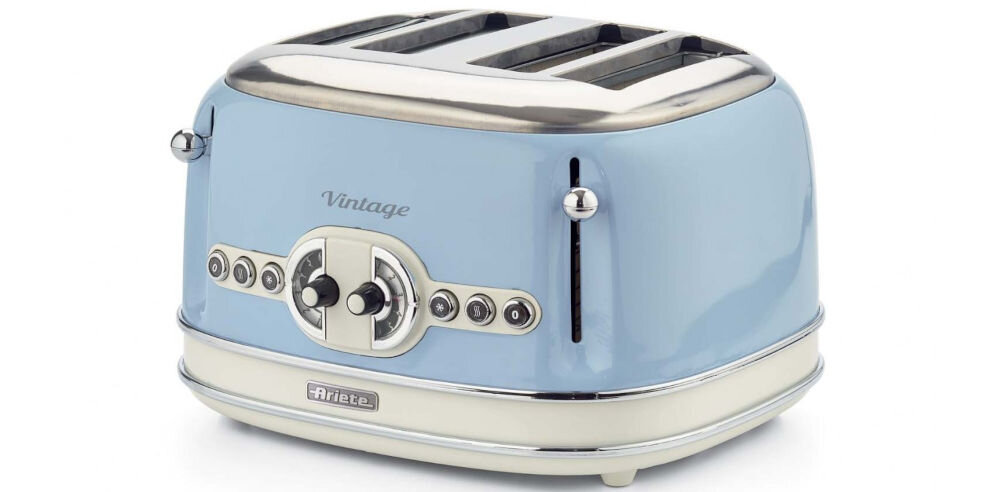 Toster ARIETE 156/05 Vintage niebieski toster elegancki retro cztery otwory pokrętła guziki gałka nóżki białe tło rozmrażanie podgrzewanie pieczywa świeże pieczywo dwie niezależne strefy opiekania jednoczesne przygotowanie czterech kromek wysoka moc na śniadanie i popułudniową przekąskę