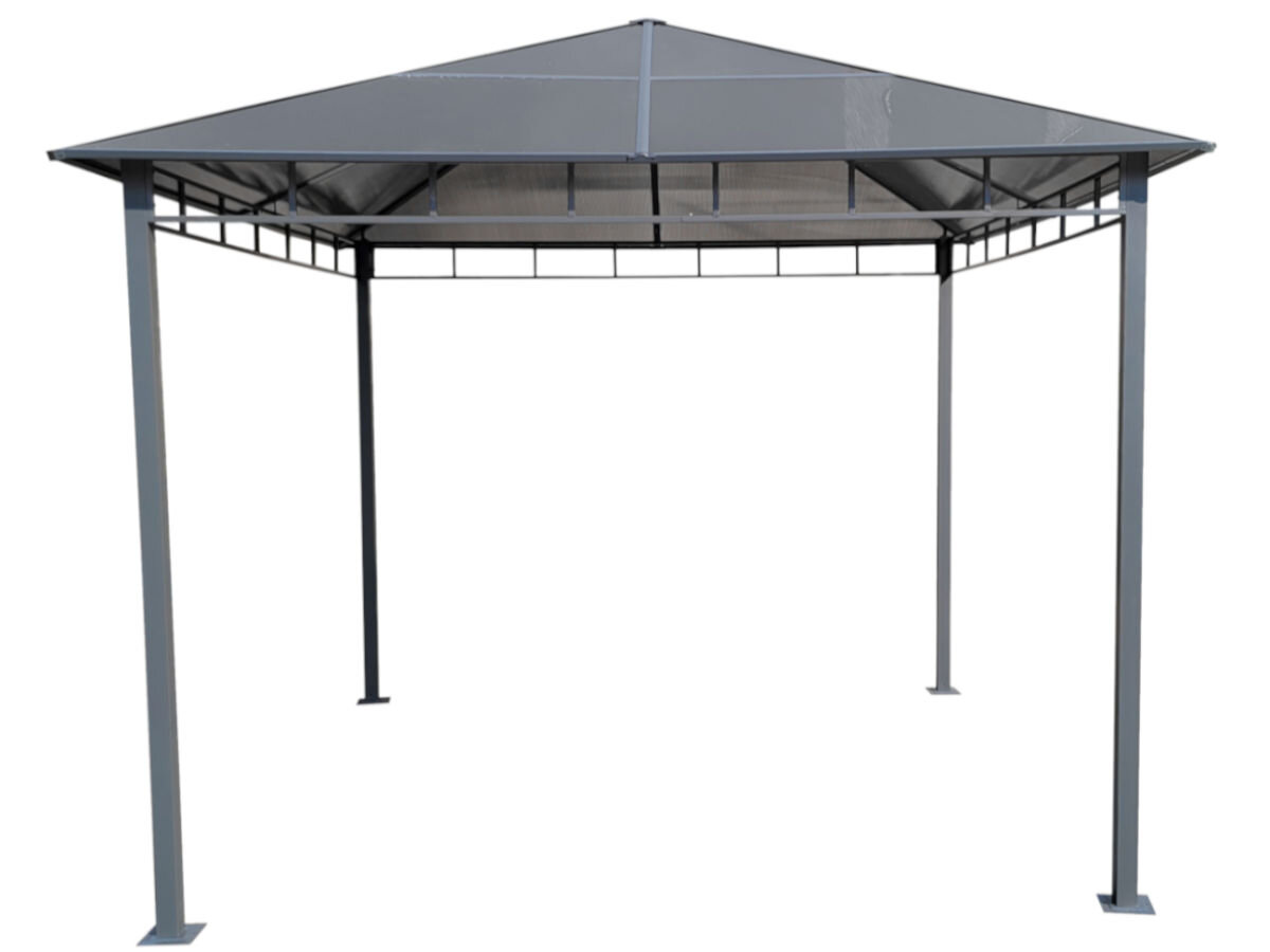 Pawilon ogrodowy MIRPOL Dari 60517A1, zadaszenie, wymiary, wypoczynek, poliwęglan, na białym tle w pełni rozstawiony pawilon dari frontem na wprost