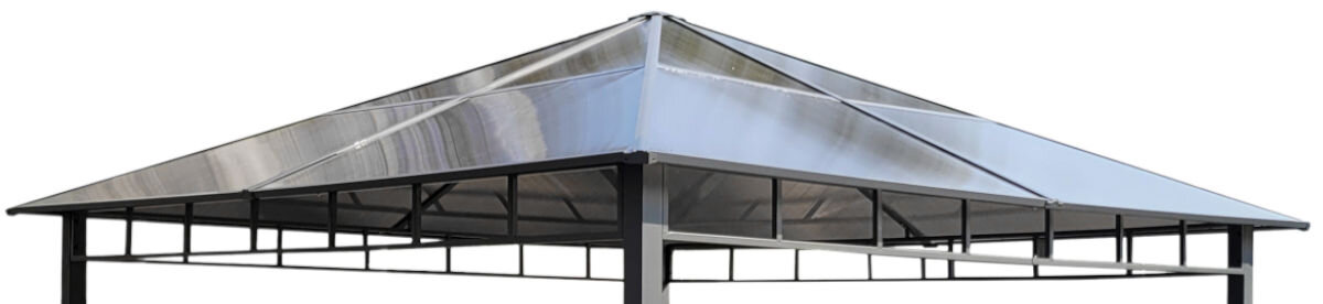 Pawilon ogrodowy MIRPOL Dari 60517A1, poliwęglan, materiał, światło, cień, dach, na białym tle zbliżenie na konstrukcję dachu