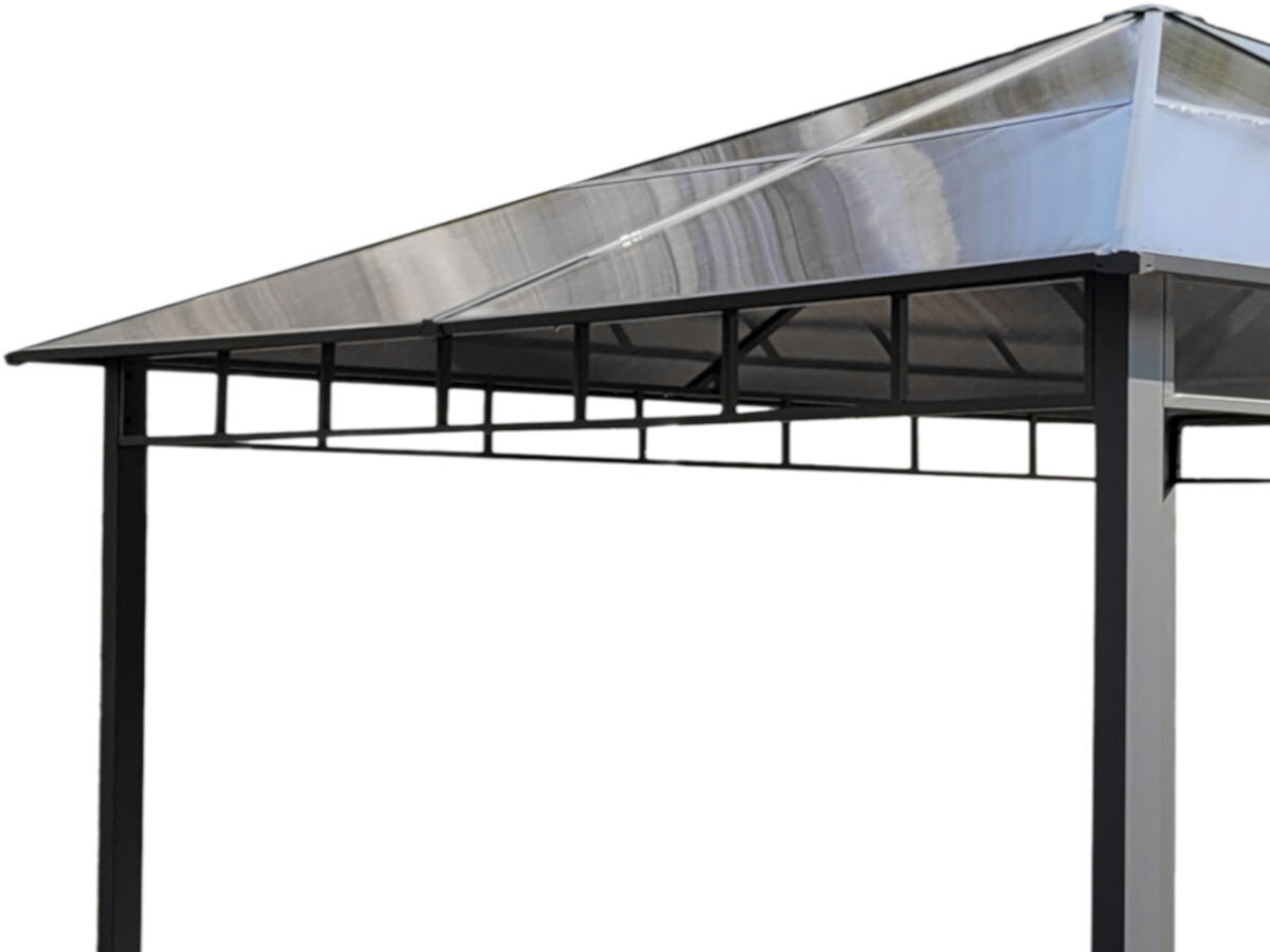 Pawilon ogrodowy MIRPOL Dari 60517A1, konstrukcja, stabilność, odporność, szyny, profile, na białym tle zbliżenie na konstrukcję profili i stelażu pawilonu
