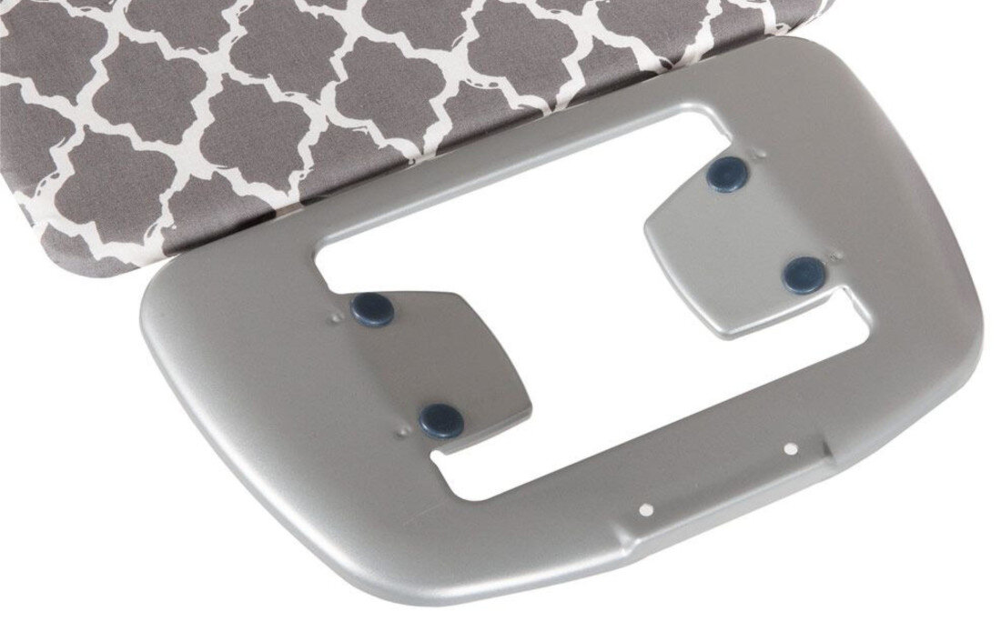 Obraz przedstawia fragment deski do prasowania z szarym pokrowcem w białe wzory oraz stalową podstawą z otworami i czterema ciemnymi gumowymi elementami.