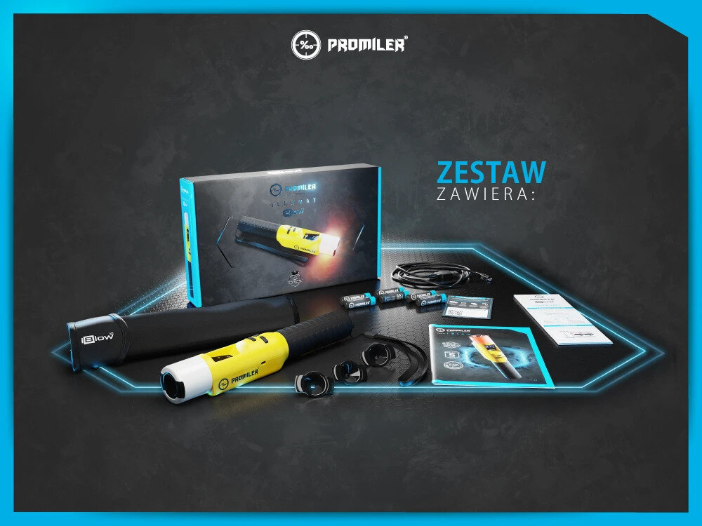 Na obrazie znajduje się zestaw alkomatu PROMILER iBlow, w skład którego wchodzą alkomat, etui, baterie, przewody oraz dokumentacja. Widoczne jest logo PROMILER oraz napis \'ZESTAW ZAWIERA:\'.