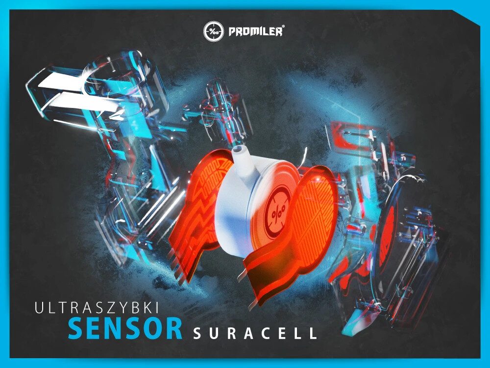 Grafika przedstawia schematyczny obraz ultraszybkiego sensora Suracell z logo Promiler. Widoczny jest napis: \'ULTRASZYBKI SENSOR SURACELL\'.