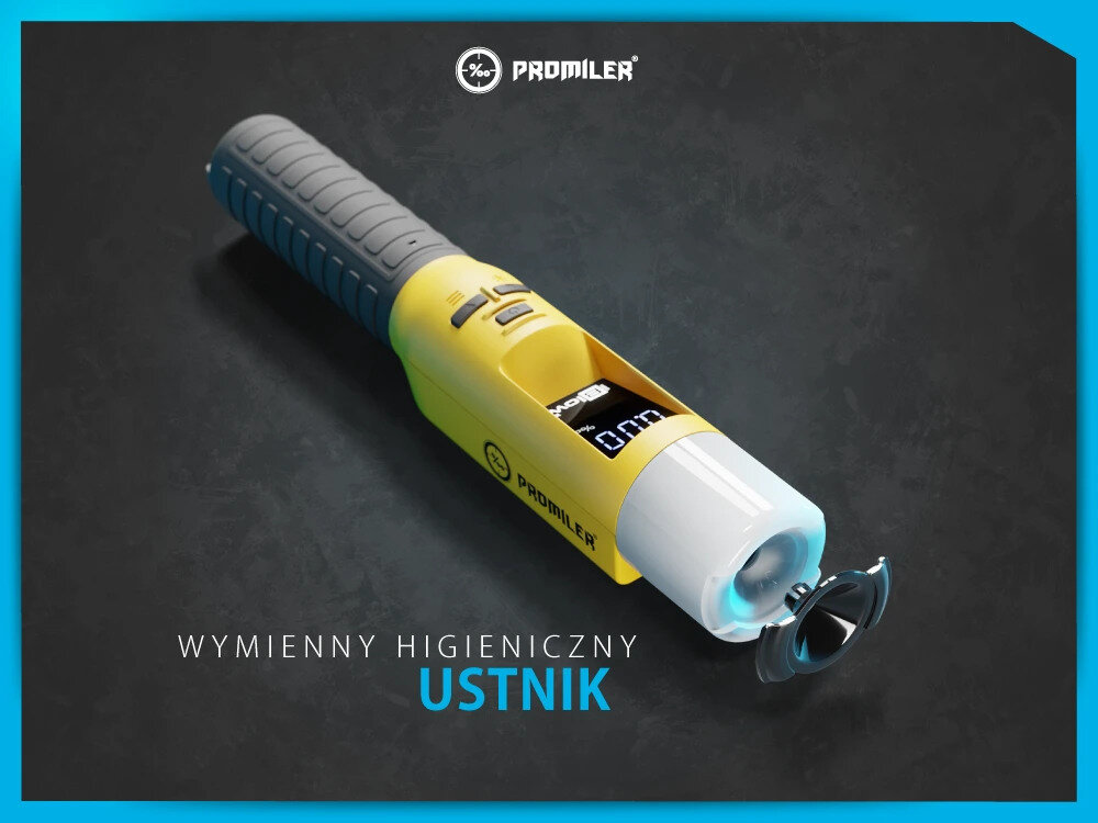 Na obrazie widoczny jest alkomat z wymiennym higienicznym ustnikiem, z logo \'PROMILER\' na obudowie. Na dole znajduje się tekst: \'WYMIENNY HIGIENICZNY USTNIK\'.