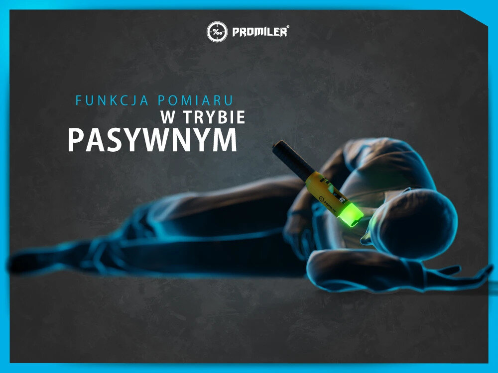 Na obrazie widoczna jest postać leżąca na ziemi oraz alkomat z zielonym światłem. Tekst na obrazie: \'FUNKCJA POMIARU W TRYBIE PASYWNYM\', logo \'PROMILER\'.