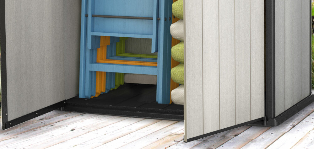 Szafa ogrodowa KETER Patio Store podłoga solidne panele próg lekki spadek