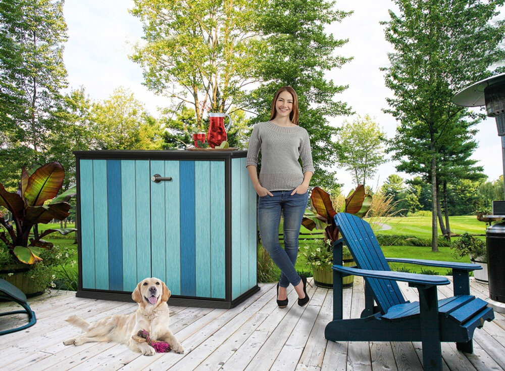 Szafa ogrodowa KETER Patio Store montaż bez narzędzi łatwe skuteczne czyszczenie możliwość pomalowania zewnętrznych ścian