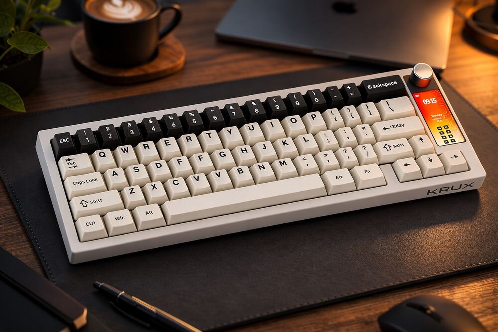 Klawiatura KRUX Drox Krux Drox bezprzewodowa klawiatura mechaniczna układzie 65% wielofunkcyjne pokrętło wbudowany ekran animacje GIF stylistykę inspirowaną retro trzy sposoby połączenia, podświetlenie ARGB konstrukcja z montażem typu gasket Krux Violet hot-swap webowe oprogramowanie - klawiatura na podkładce pod skosem