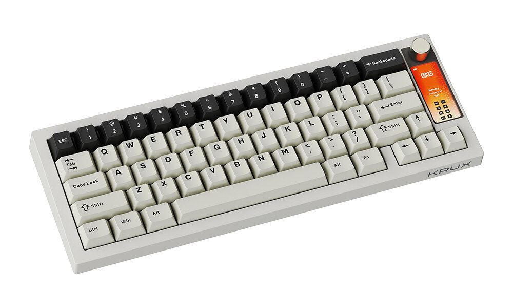 Klawiatura KRUX Drox pionowy ekran 2,3 cala informacje o statusie Caps Lock, Win Lock, stanie akumulatora oraz aktywnym trybie połączenia sterować podświetleniem ARGB trybem Windows/Mac pokrętła regulację głośności wyświetlanie animacji GIF dwa pliki - klawiatura od góry na białym tle