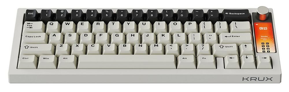 Klawiatura KRUX Drox Jasna kolorystyka ciemnymi akcentami retro lat 90 wyświetlacz i ARGB Układ 65% Obudowa z trwałego tworzywa dwustopniowe antypoślizgowe nóżki - klawiatura od przodu na białym tle