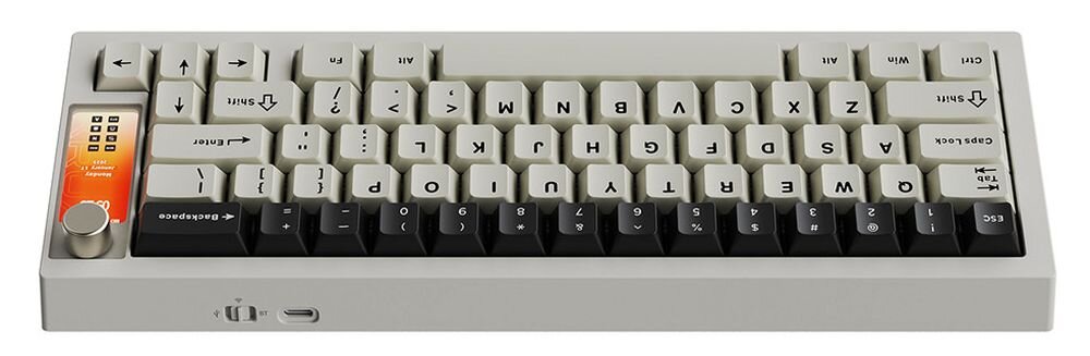 Klawiatura KRUX Drox Krux Drox trzy tryby łączności: bezprzewodowy tryb 2,4 GHz odbiornika USB-A Bluetooth trzech urządzeń połączenie przewodowe USB-C ładuje akumulator - klawiatura od tyłu, widoczny port usb-c i przełącznik połączenia